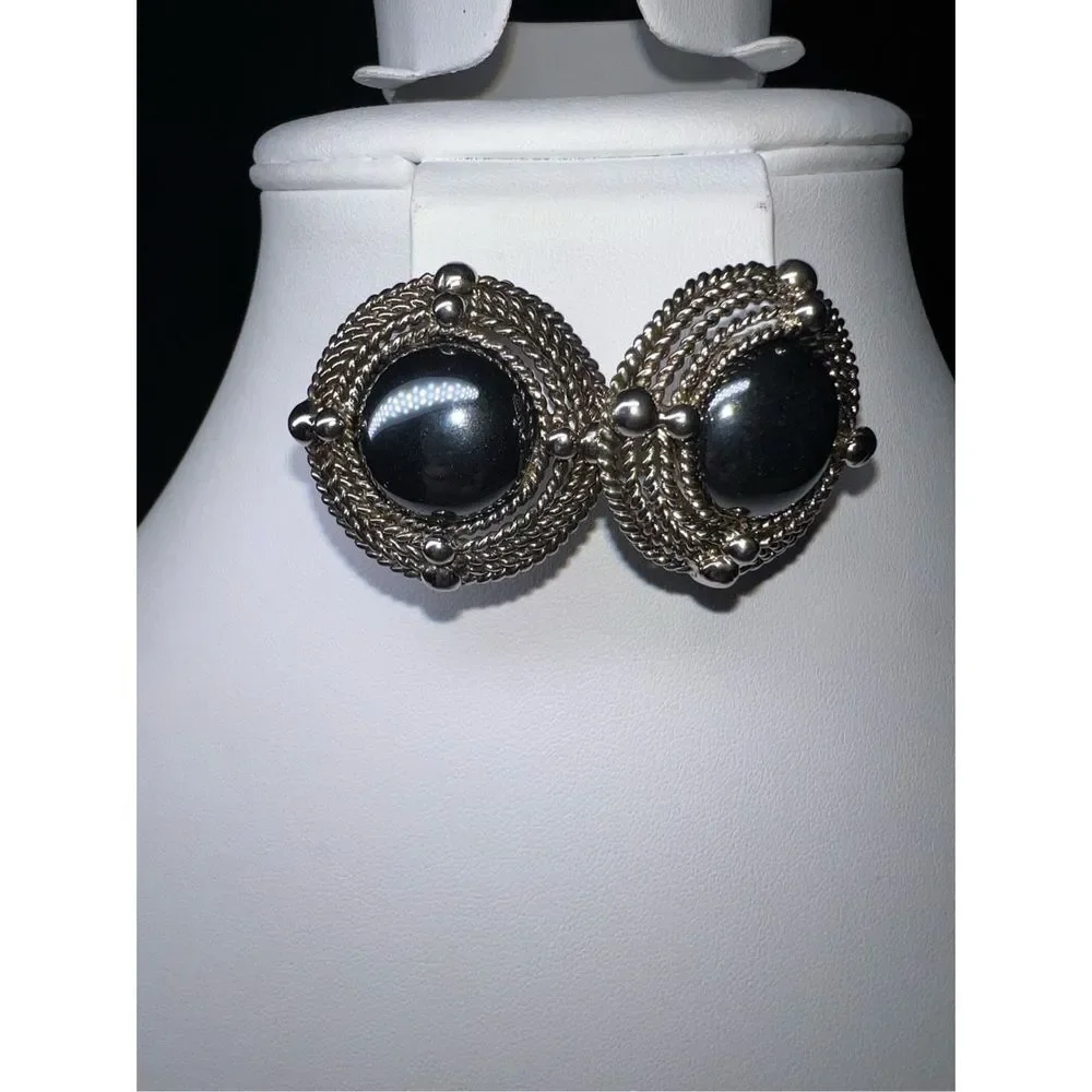 Vintage Silver Tone Rope Cabochon Chunky Stud Earrings